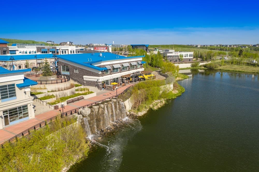 Aspen Landing Shopping Centre with waterfall and pond