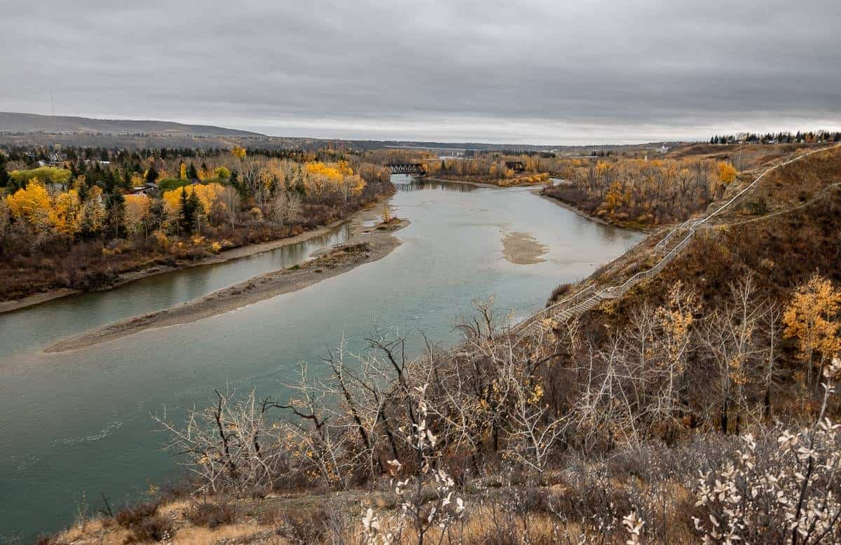 Bow River valley with fall colors and walking trail